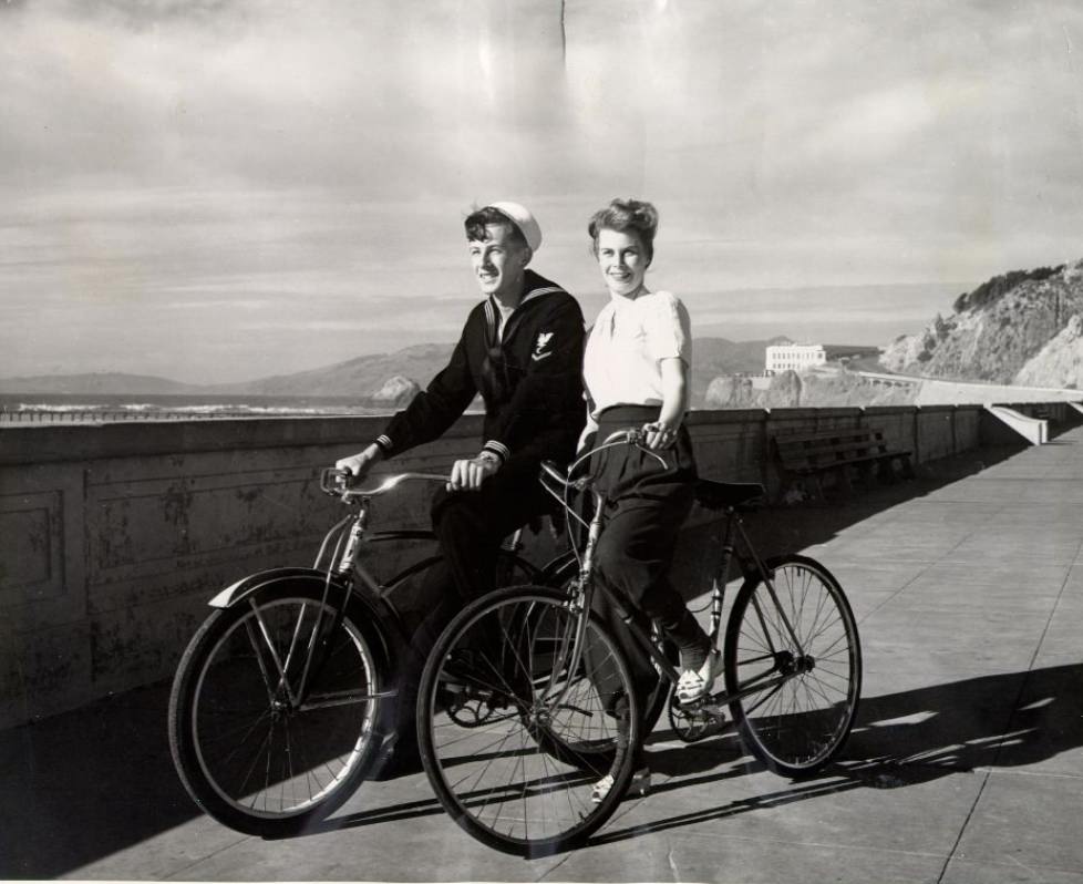 #59 Audrey Berman and companion bicycling at Ocean Beach, 1942
