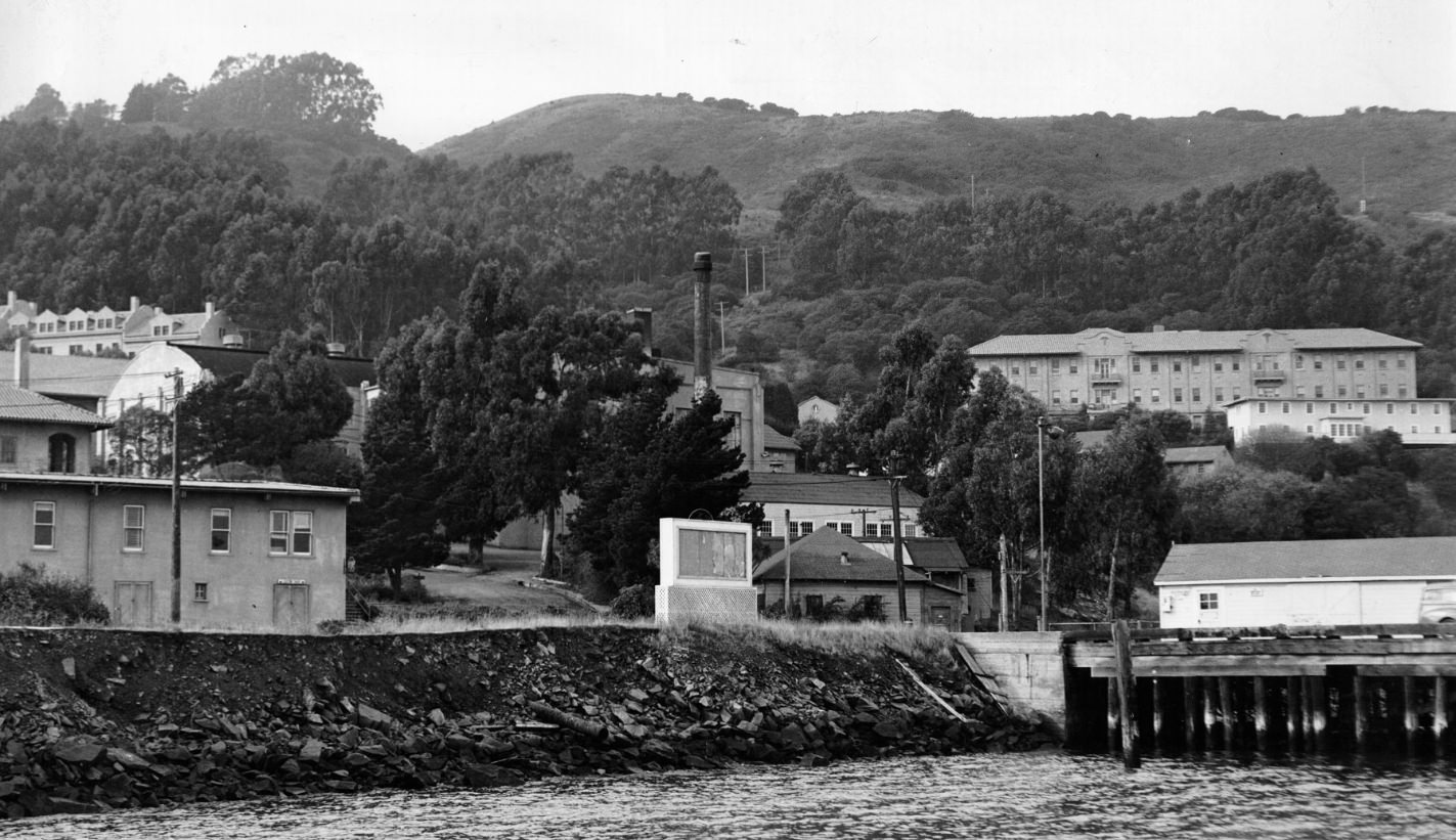 #63 View of two water reservoirs and Fort McDowell Army base on Angel Island, 1948