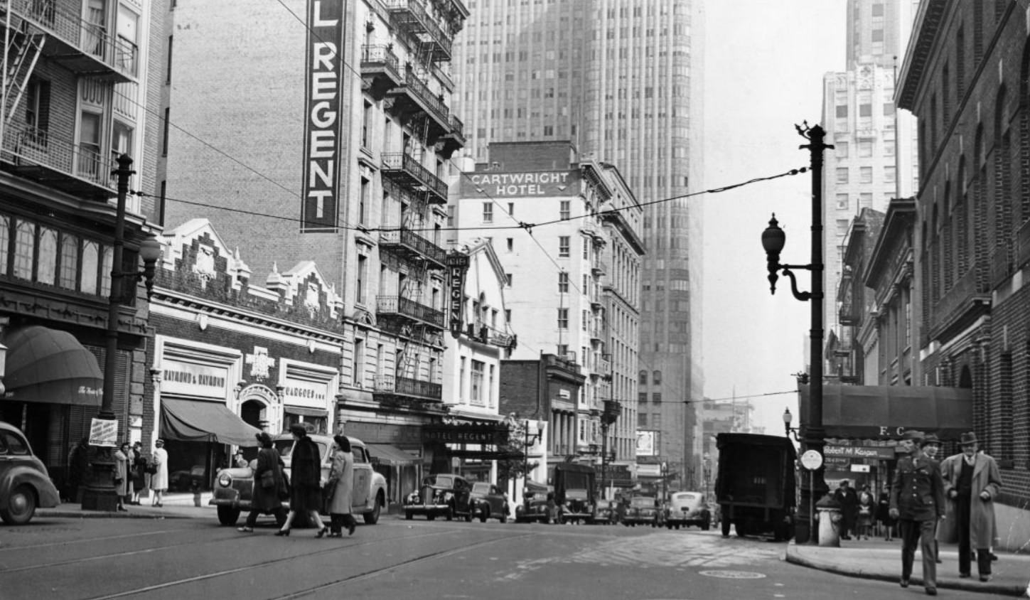 #72 Sutter Street looking toward Powell Street from Mason, 1945