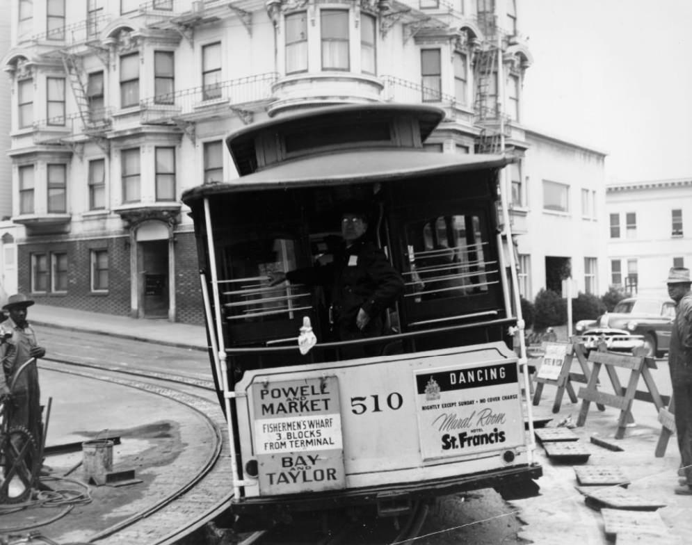 #104 Cable car at Powell and Jackson Street, northwesterly direction, 1954.