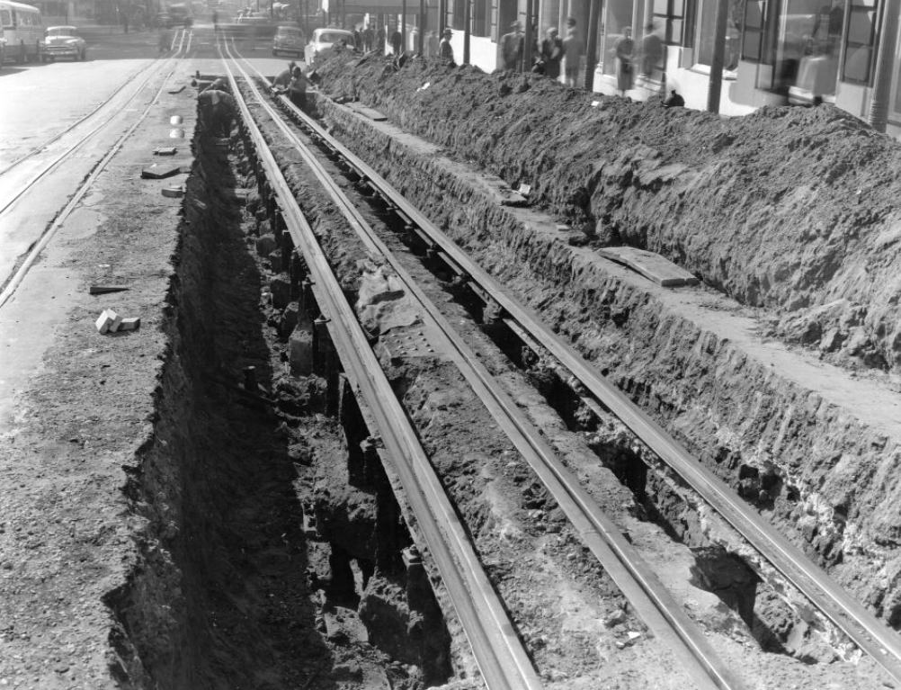 #105 Cable car construction on Powell Street between Geary and Post, 1953.