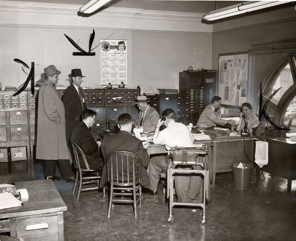 #110 Crowded tiny office in the Old Hall of Justice, 1956.