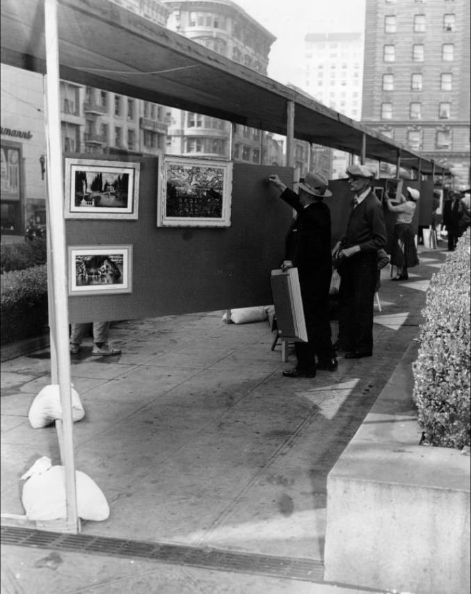 #121 Artists preparing for the San Francisco Art Commission’s Seventh Annual Art Festival in Union Square, 1953.