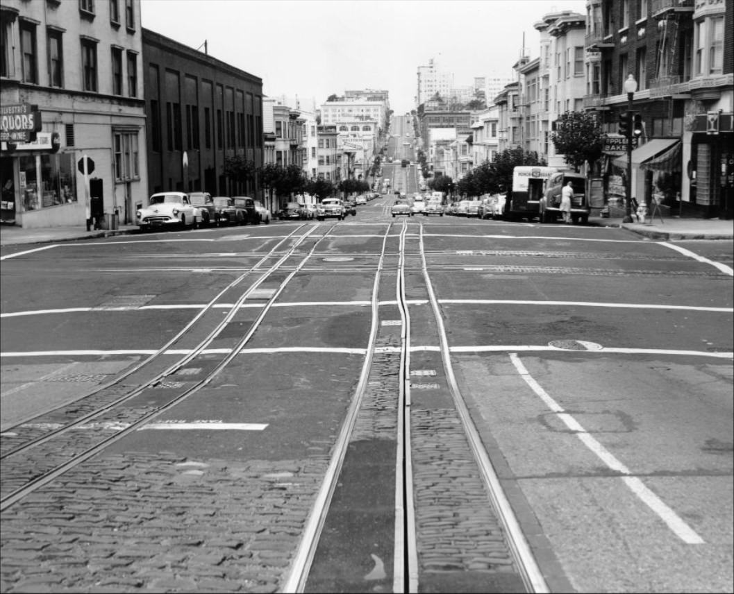 #128 View west on California and Hyde Street, 1954.