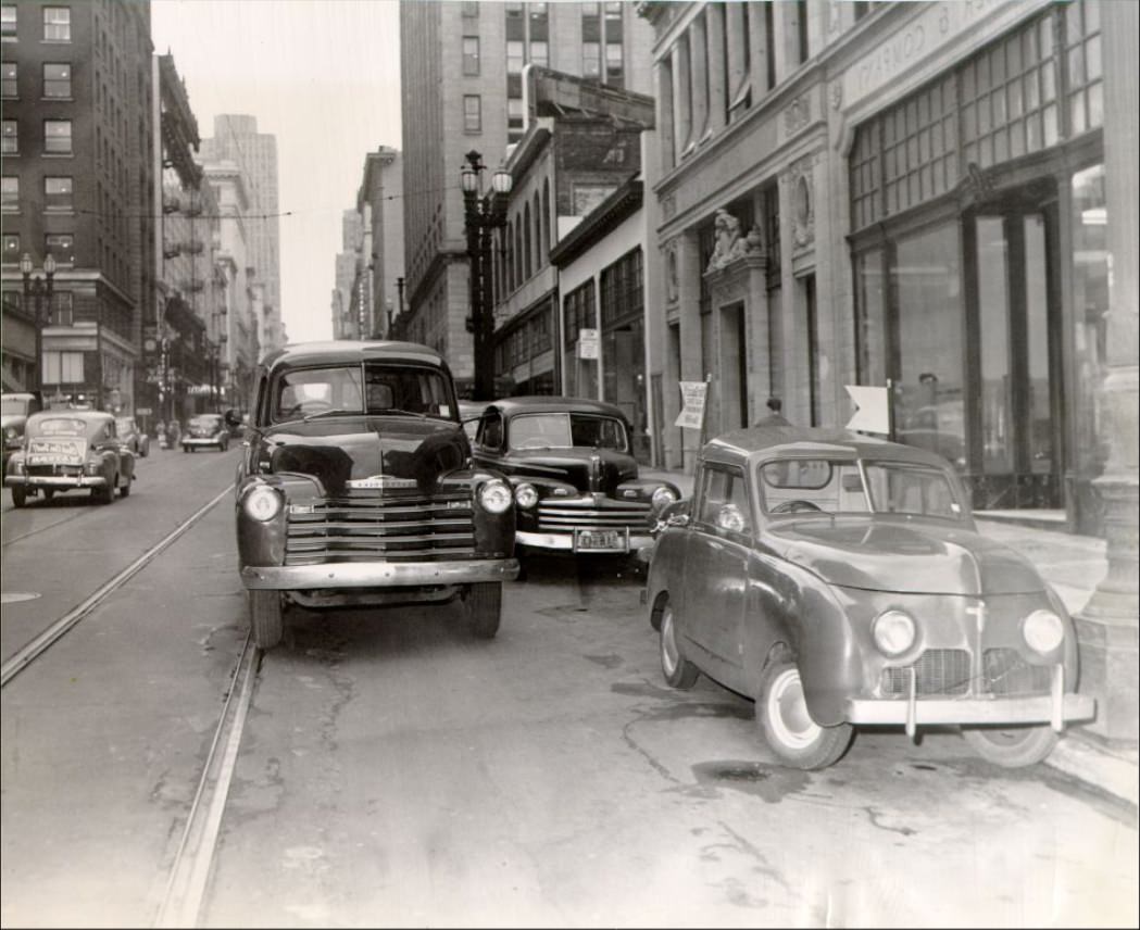 #130 Car parked illegally on Sutter Street, 1950.