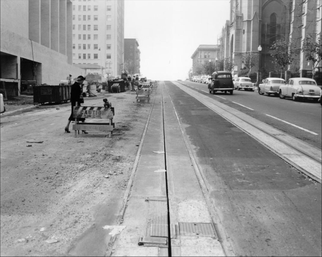 #138 View west on California Street at Taylor, 1957.