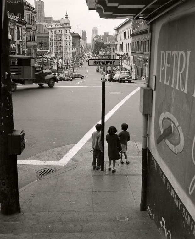 #144 View of Kearny Street from Broadway, circa 1950s.