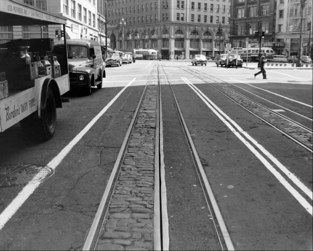 #156 View east on California near Market Street, 1957.