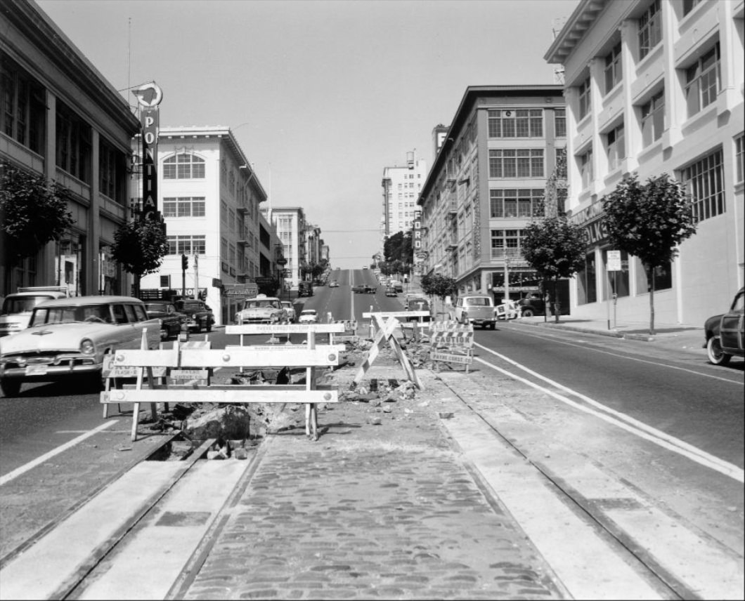 #161 View west on California Street at Van Ness, 1957.
