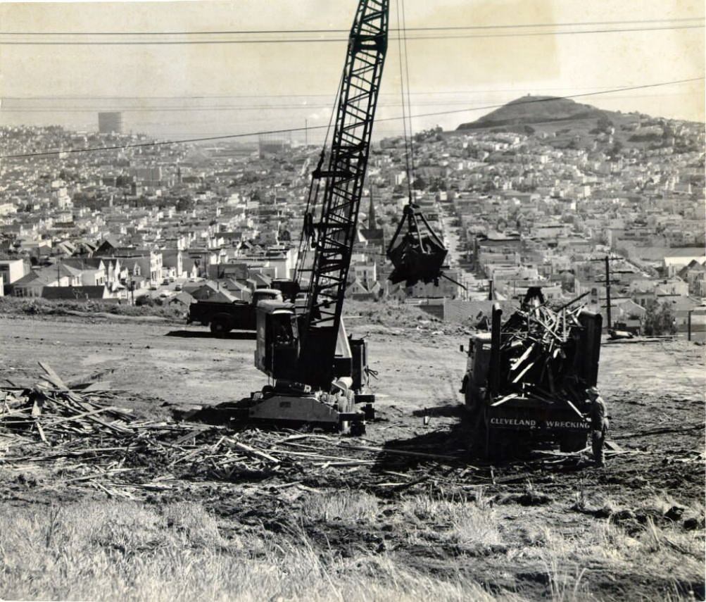 #164 Wrecking company operations in Diamond Heights, 1957.