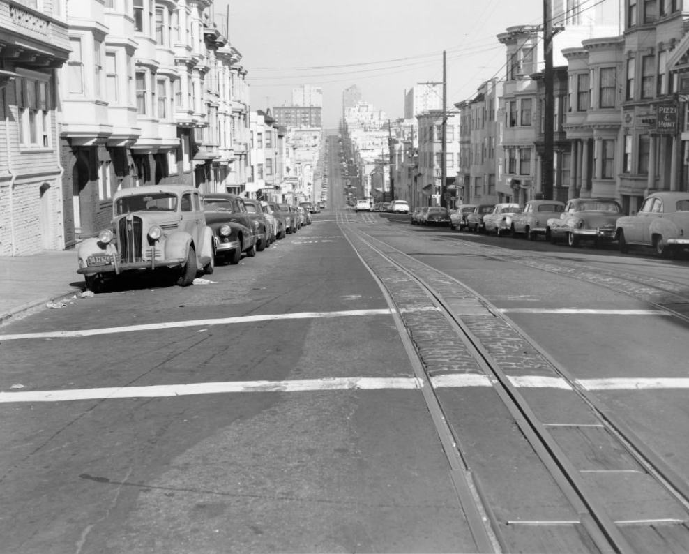 #167 Looking north on Hyde Street at Washington, 1955.