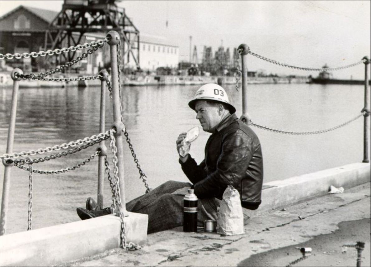 #192 Clayton Hubacher eating lunch at the San Francisco Naval Shipyard, 1953.