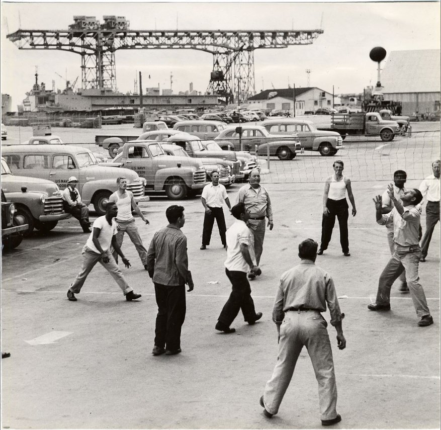 #193 Workmen playing volleyball at Hunter’s Point Naval Shipyard, 1953.