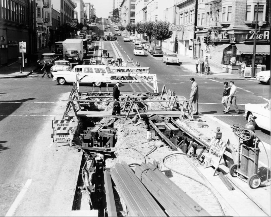 #195 View west on California Street at Polk, 1957.