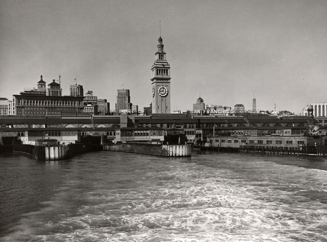 #197 View of Ferry Building from a ferry on the bay, circa 1950s.