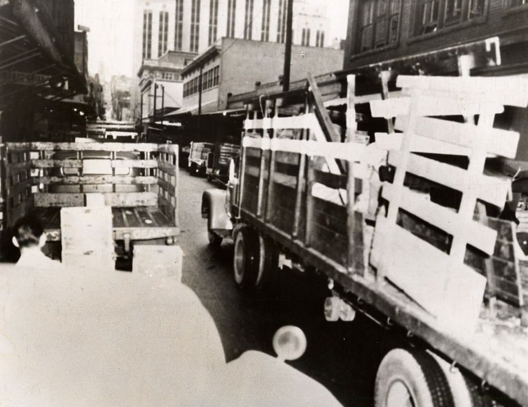 #200 Produce delivery trucks on Washington Street, 1956.