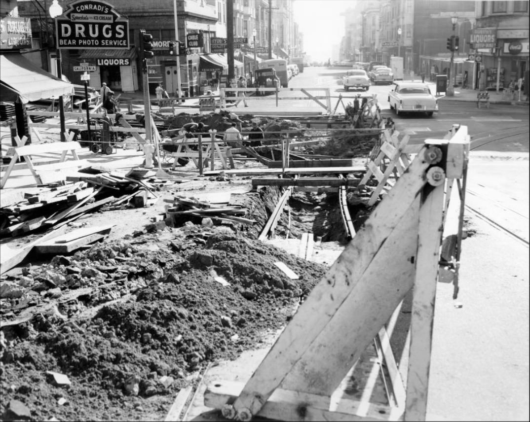 #216 Track construction at California and Hyde streets, 1957.