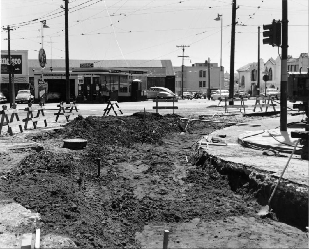 #223 Road construction at Ocean Avenue and San Jose, 1954.