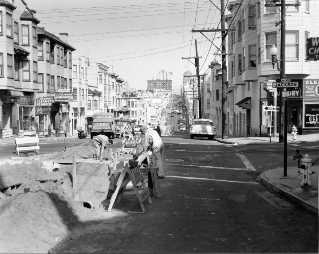 #21 Track construction at Hyde and Jackson Streets, 1956.