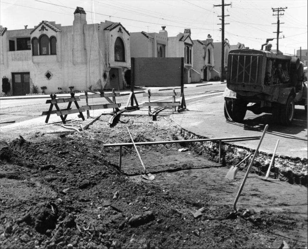 #224 Road construction at Ocean Avenue and San Jose, 1954.