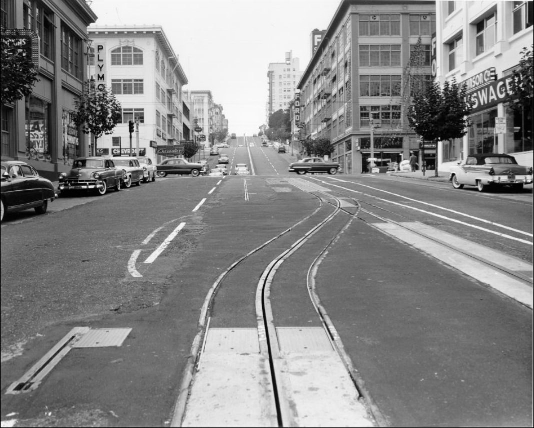 #226 View west on California Street at Van Ness, 1957.