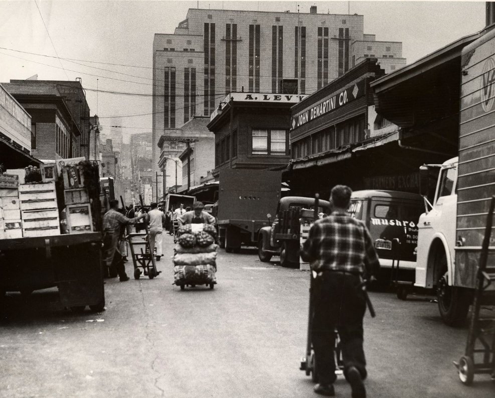 #228 Deliveries to produce markets on Washington Street near Davis, 1957.