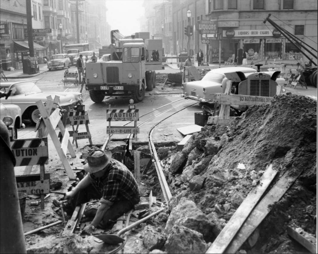 #240 Track construction at Hyde and California streets, 1957.