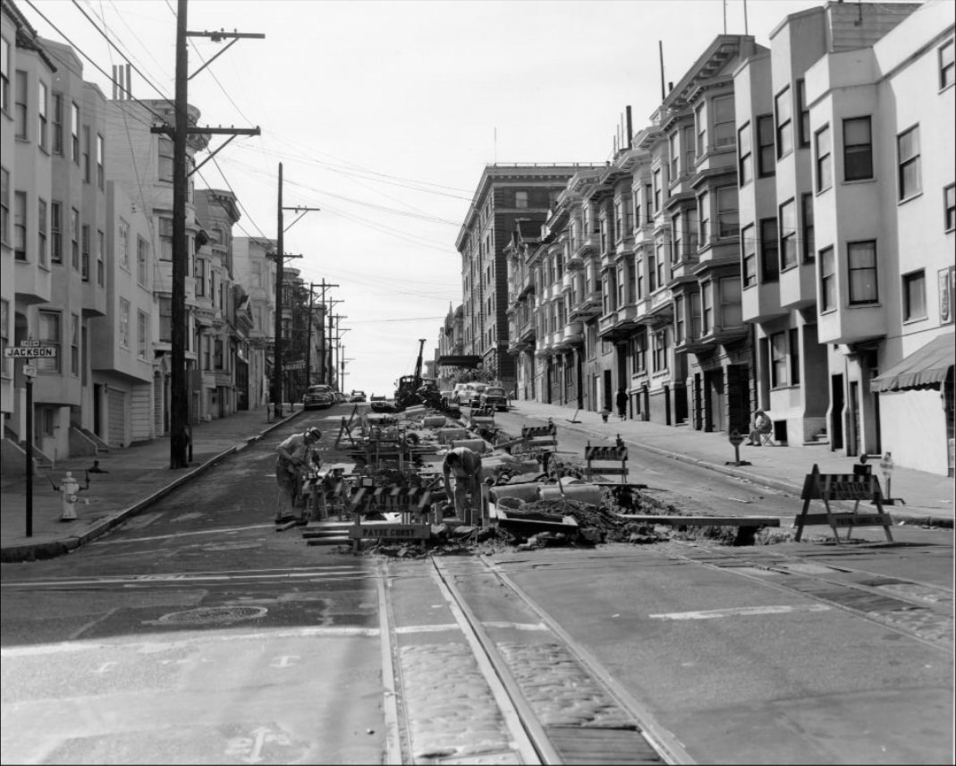 #32 Track construction at Hyde and Jackson Streets, 1956.