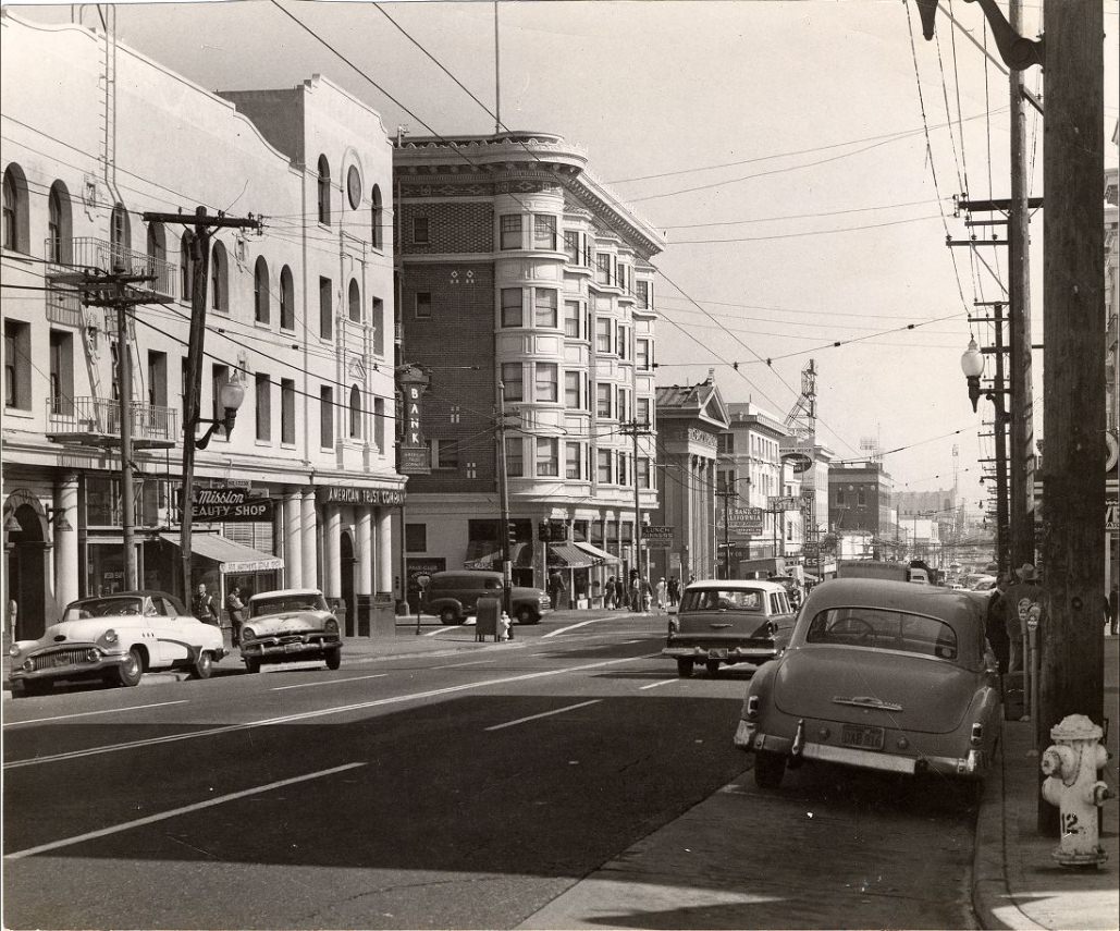 #41 The Mission District at 16th and Valencia Streets, 1958.