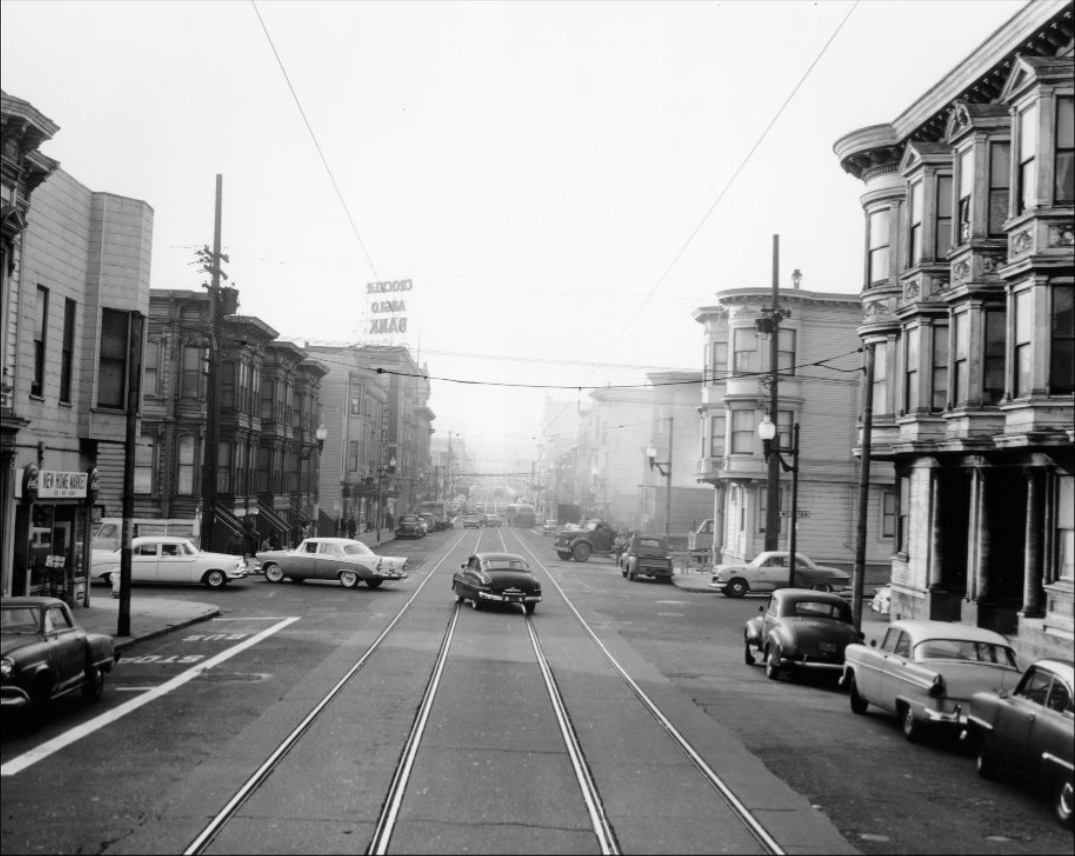 #43 Geary at Webster Street, looking west, 1958.