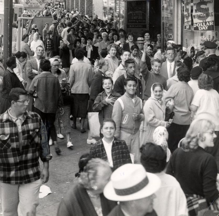 #5 A crowd of people on Mission Street, 1958.