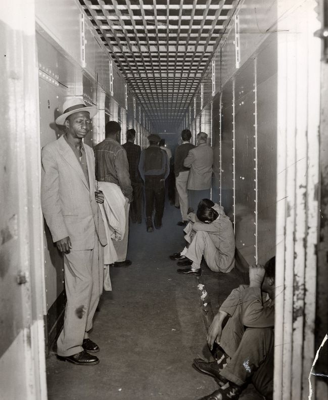 #51 A narrow corridor used as a jail dining and recreation area in the Old Hall of Justice, 1956.