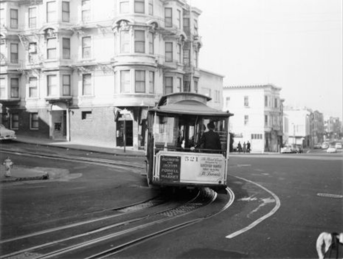 #55 A cable car on Jackson Street, circa 1953.