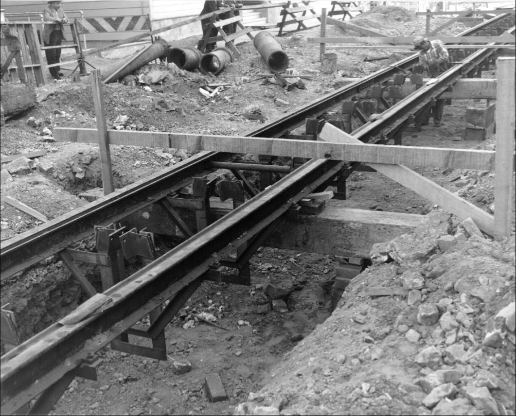 #70 Cable car track construction on Mason Street north of Broadway, 1951.