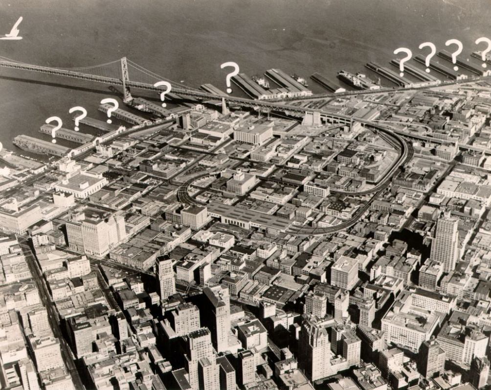 #78 Aerial view of the South of Market area and the Bay Bridge, 1950.
