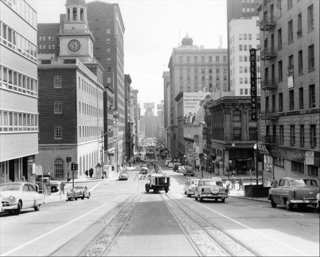 #80 View west on California Street west of Kearny, 1957.