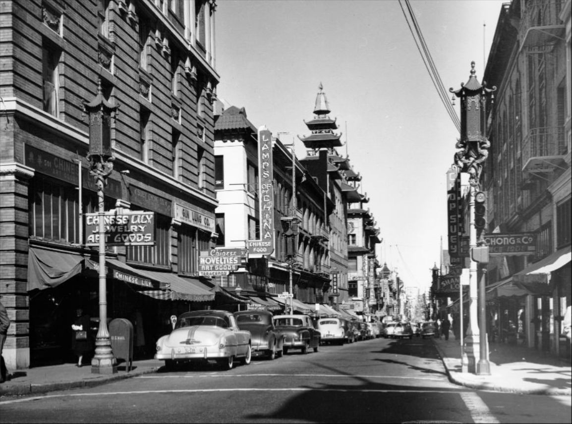 #9 Chinatown from the intersection of Pine and Grant Avenue, circa 1950s.