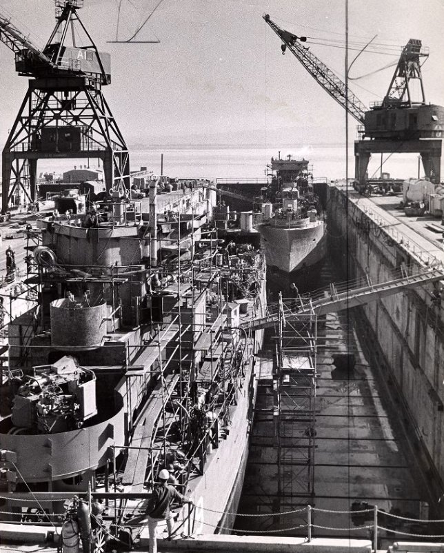 #125 Ships Clarion River and St. Francis being modernized at Hunters Point Naval Shipyard, 1965.