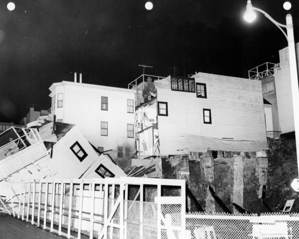 #129 Building in collapse at Grant and Lombard streets, Telegraph Hill, 1964.