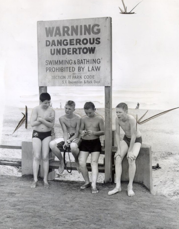 #177 Gard Campton, Jim Bicknell, Teddy and Dennis McLain at Ocean Beach, 1960.