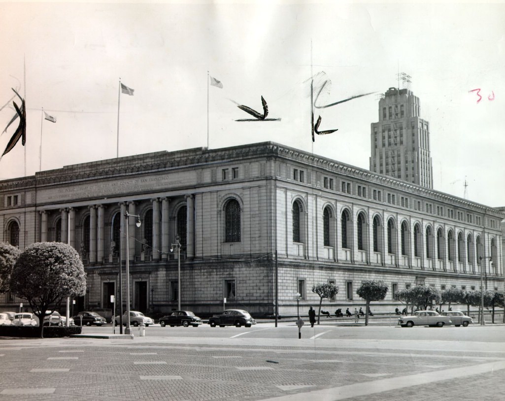 #19 Exterior view of Main Library at Larkin and Fulton streets, 1960.