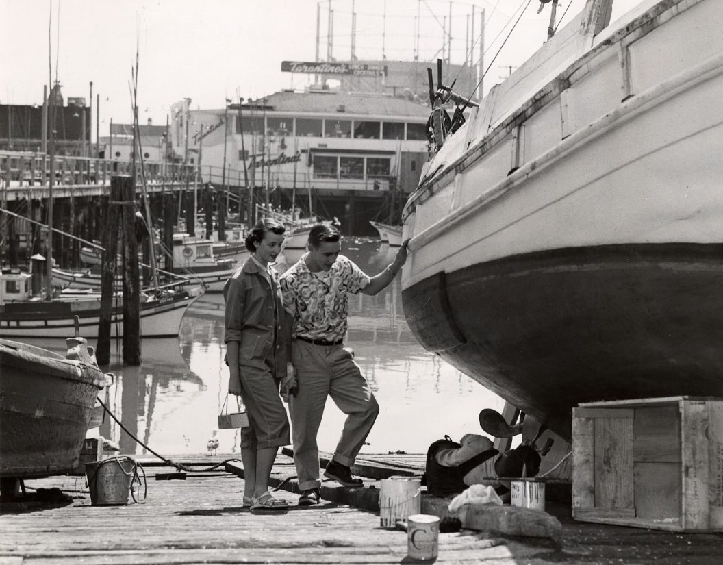 #195 Tourists Carol Lyle and Dwane Hodgson at Fisherman’s Wharf, 1953.