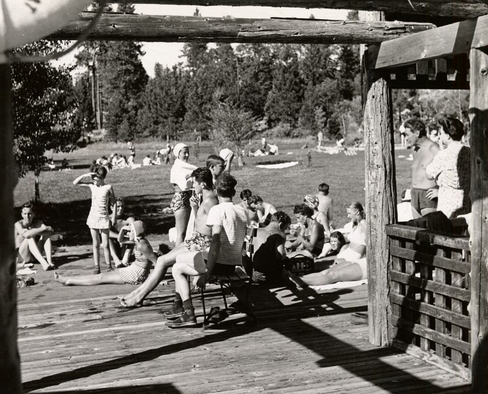 #54 Campers near a lake at Camp Mather, 1947.