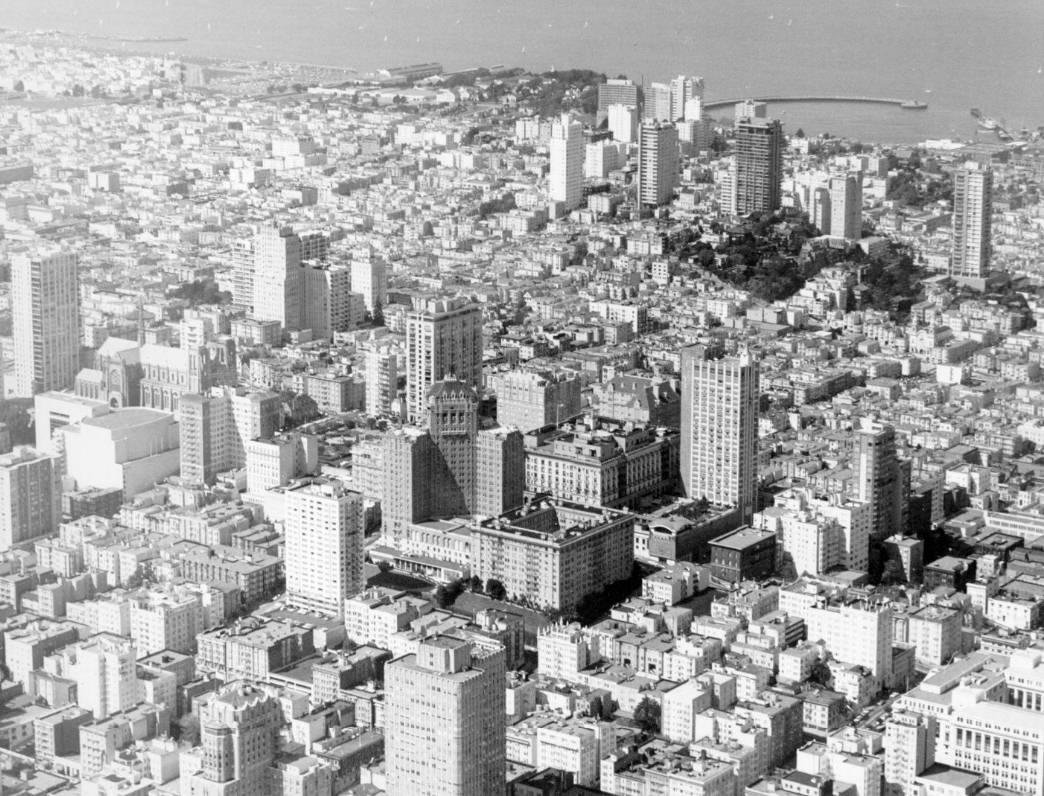 #62 Aerial view of San Francisco, looking northwest, showing Nob Hill, Russian Hill, and Marina district, 1968.