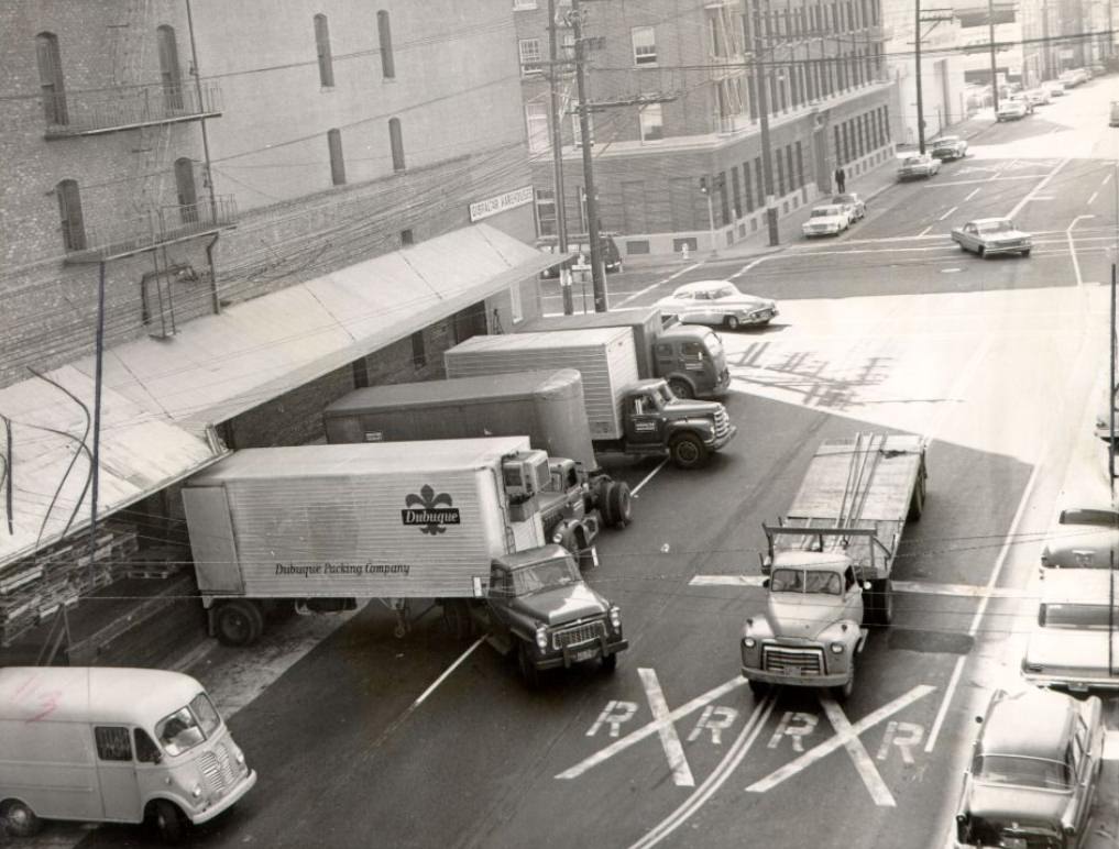 #67 Trucks at Gibraltar Warehouses dock on Brannan Street, 1962.