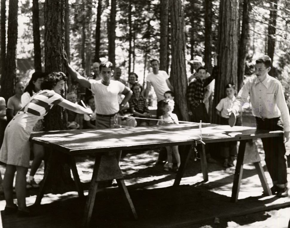 #80 People watching ping-pong players at Camp Mather, 1946.