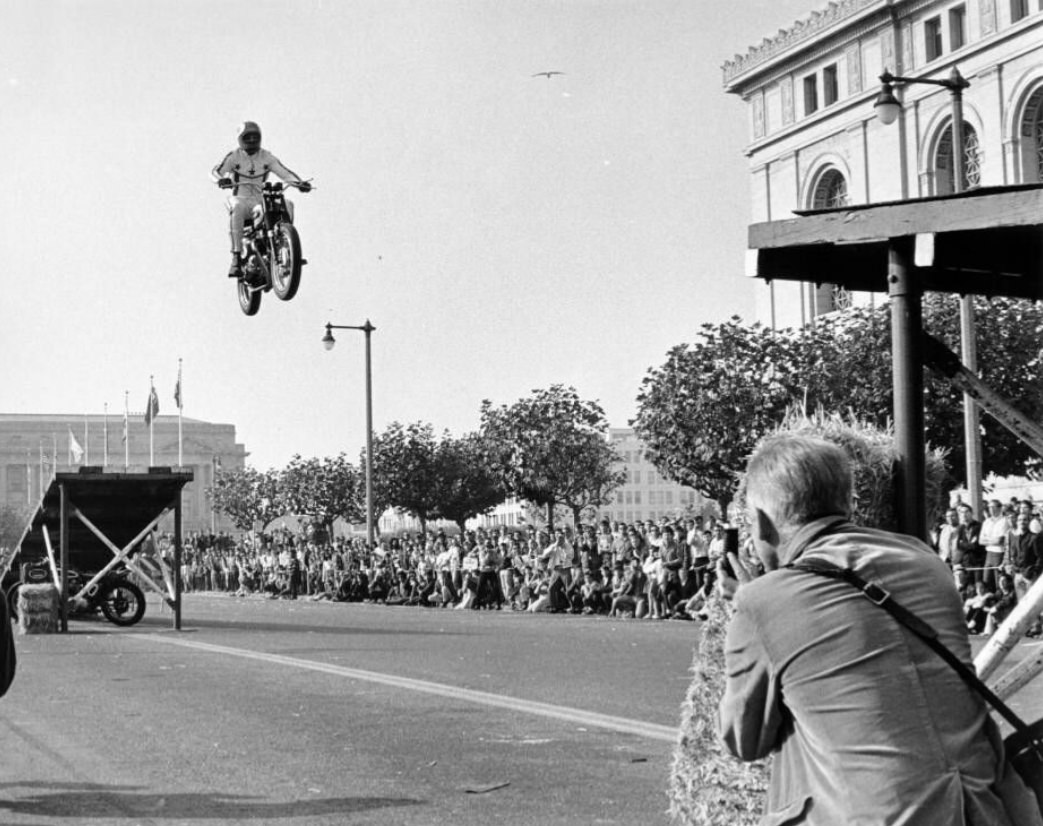 #83 Stuntman Evil Knievel performing in Civic Center Plaza, 1967.