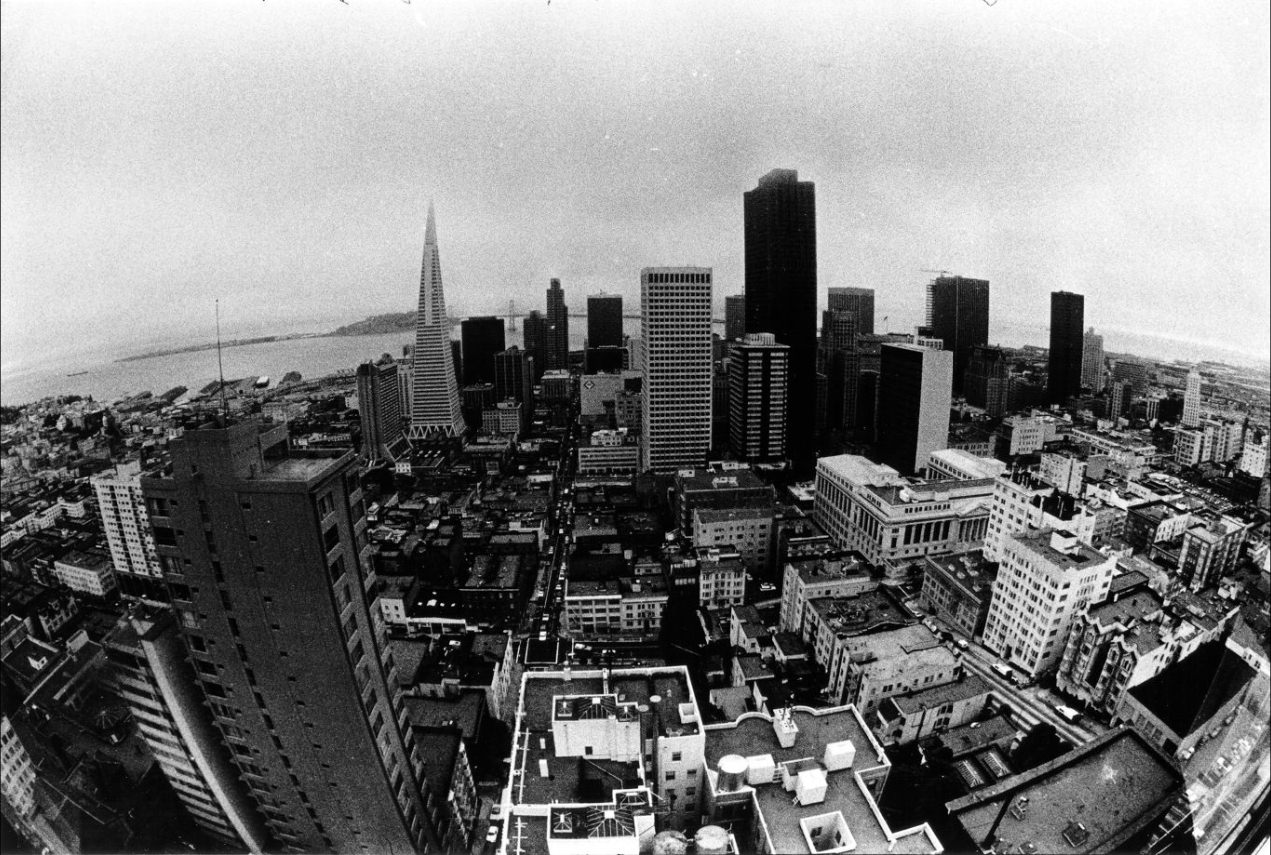 #118 View of San Francisco from an outside elevator on the Fairmont Hotel, 1971.