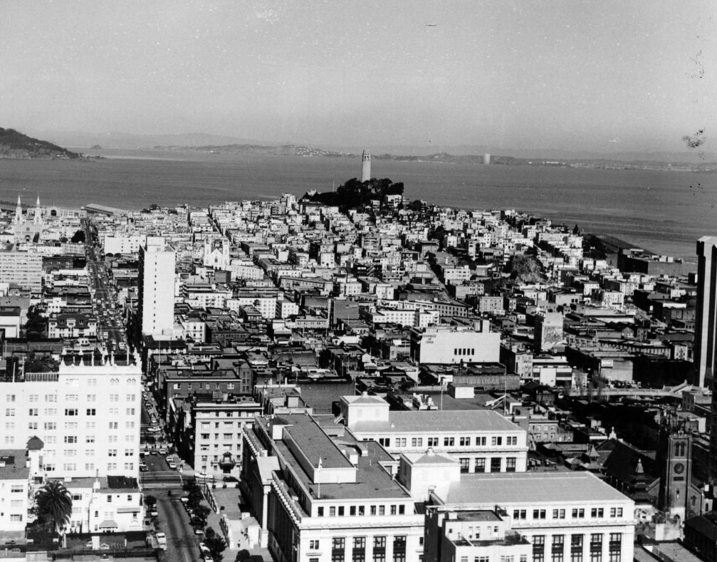 #169 View of Coit Tower from Mark Hopkins Hotel, 1973.