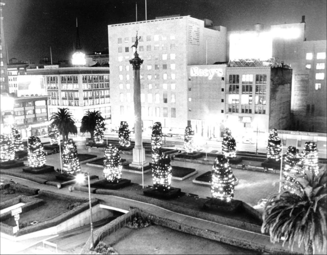 #173 Illuminated Christmas trees in Union Square, 1971.